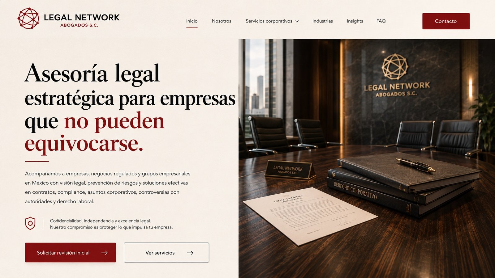 Página de inicio de Legalnet, Legal Network Abogados S.C., con su identidad y propuesta de asesoría legal corporativa.