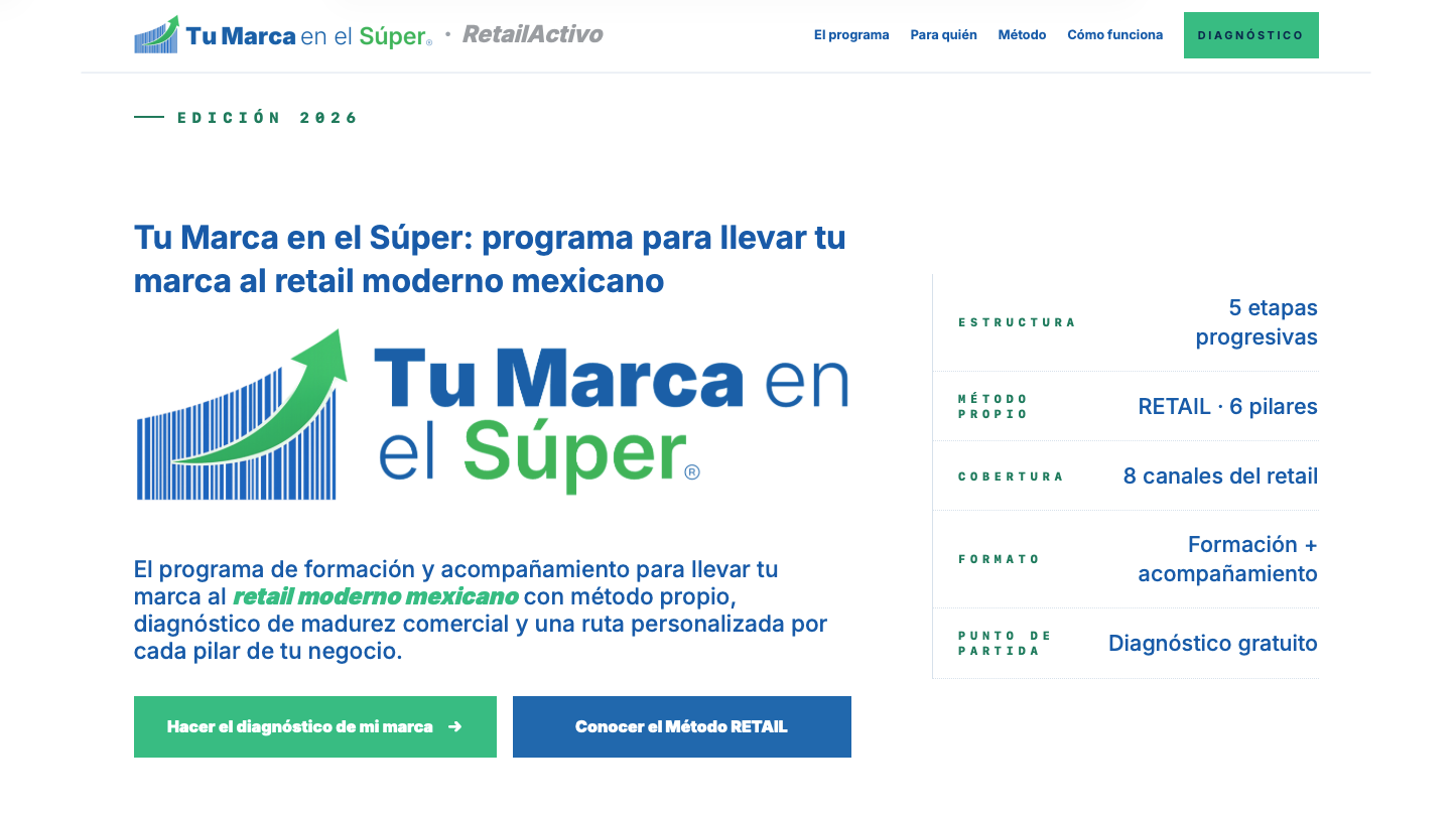 Página de Tu Marca en el Súper y Retail Activo con la presentación de su programa para marcas de retail.